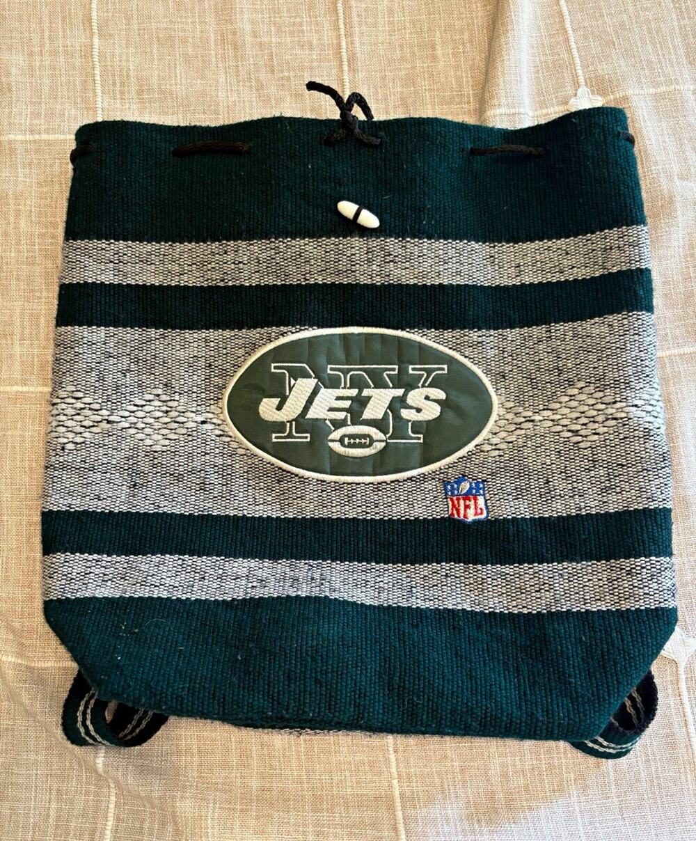 New York Jets NFL Football Striped Drawstring Backpack Bag Tote Green Gray